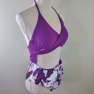 SHEIN Womens Purple Tropical Print Wrap Front One Piece Swimsuit